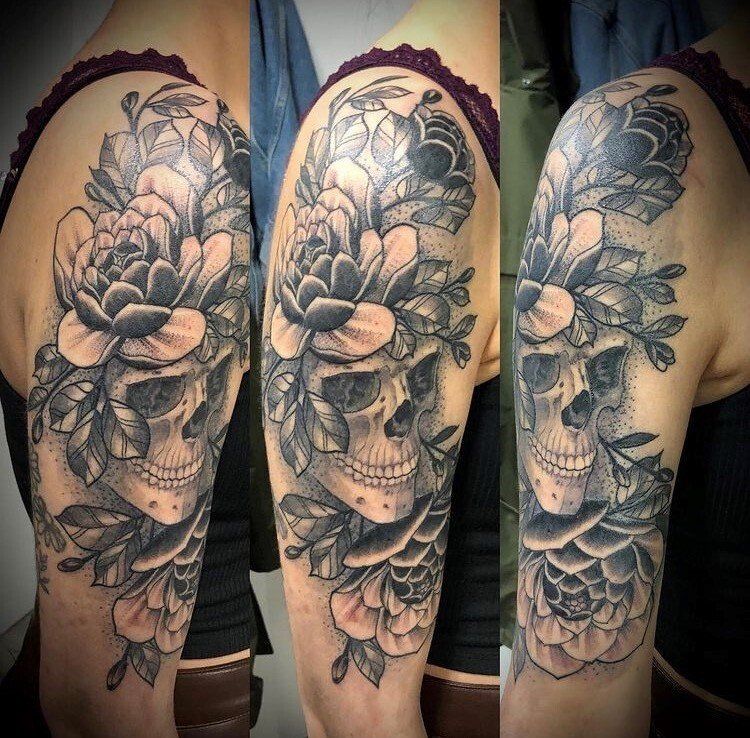 Skull and Floral Tattoo by Trevor Pelletier at Black Gold Tattoo Co in Edmonton Alberta Canada