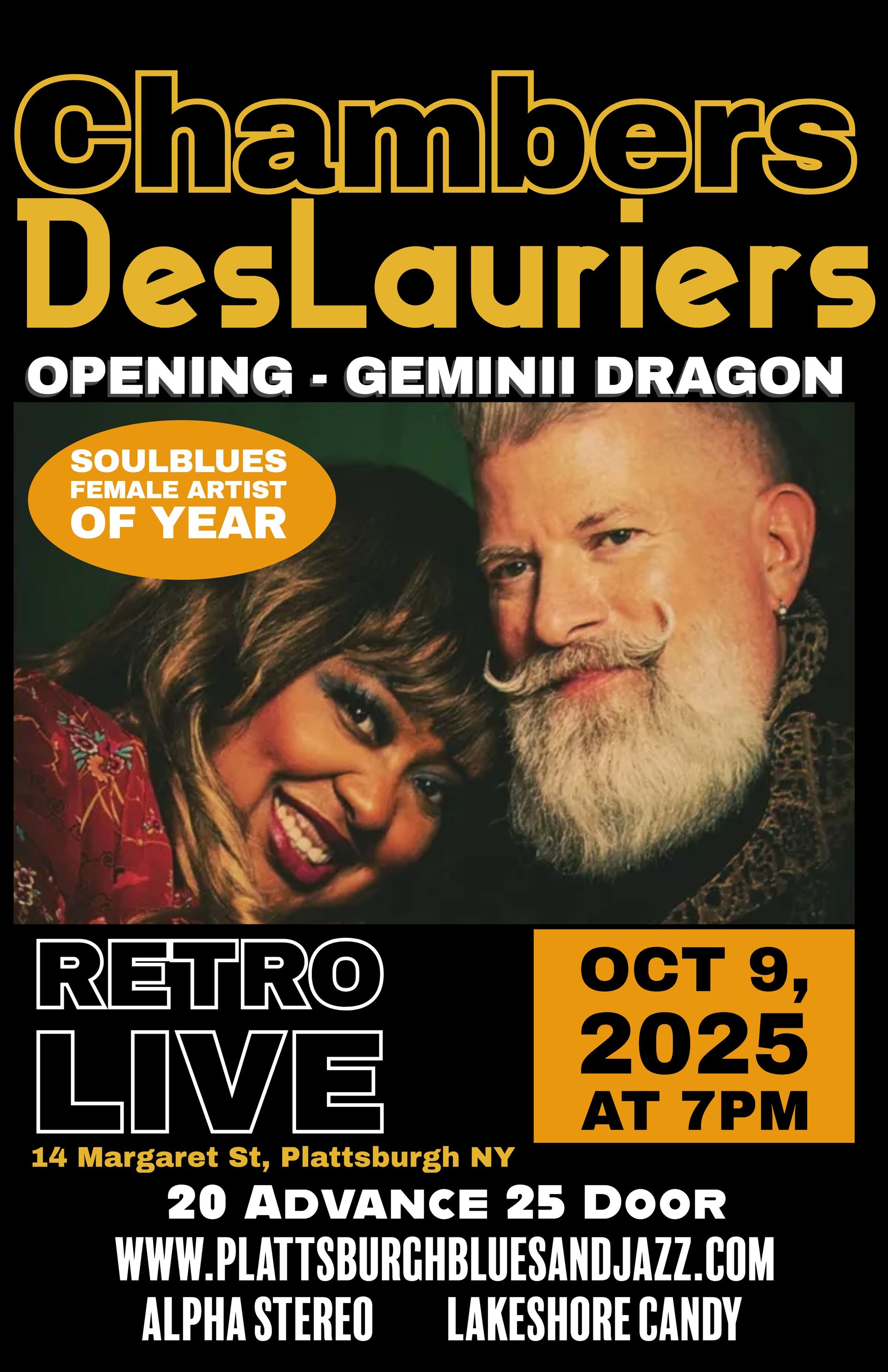Concert poster for Chambers DesLauriers at Retro Live in Plattsburgh, NY. Featuring the artists and information.