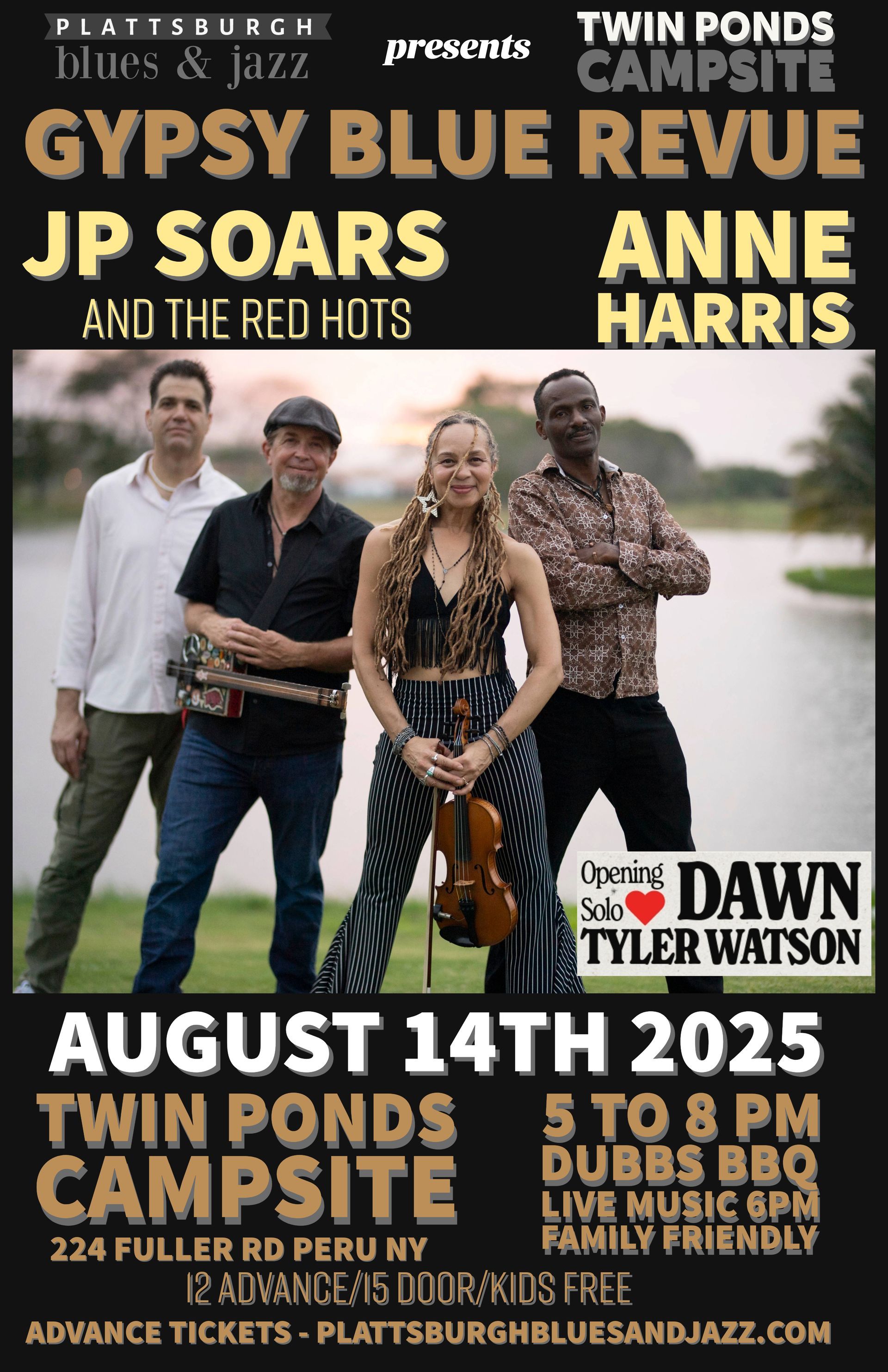 Concert poster: Gypsy Blue Revue at Twin Ponds Campsite, August 14th, 2025. Features JP Soars & The Red Hots and Anne Harris.