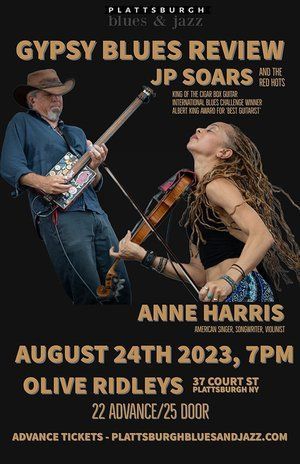 A poster for a gypsy blues review with jp soars playing a guitar and a anne harris playing a violin.