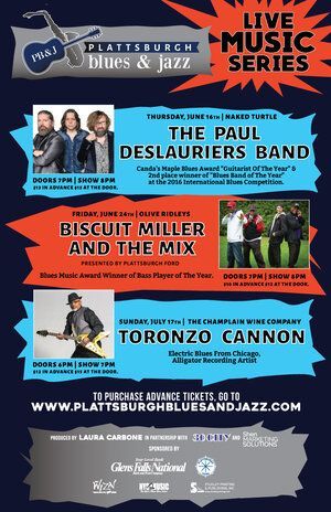 A poster for a live music series featuring paul deslauriers band, biscuit miller and the mix and toronzo cannon.