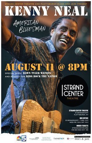 A poster for a concert by kenny neal shows a man holding a guitar and singing into a microphone.