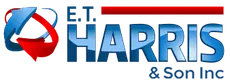 A blue and red logo for e.t. harris & son inc.