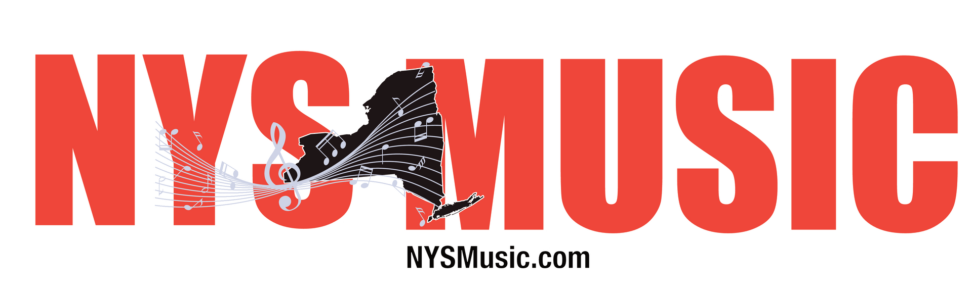 A nys music text in red with musical notes on top
