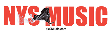 A nys music text in red with musical notes on top
