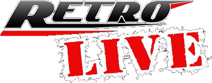 A red and black logo for retro live