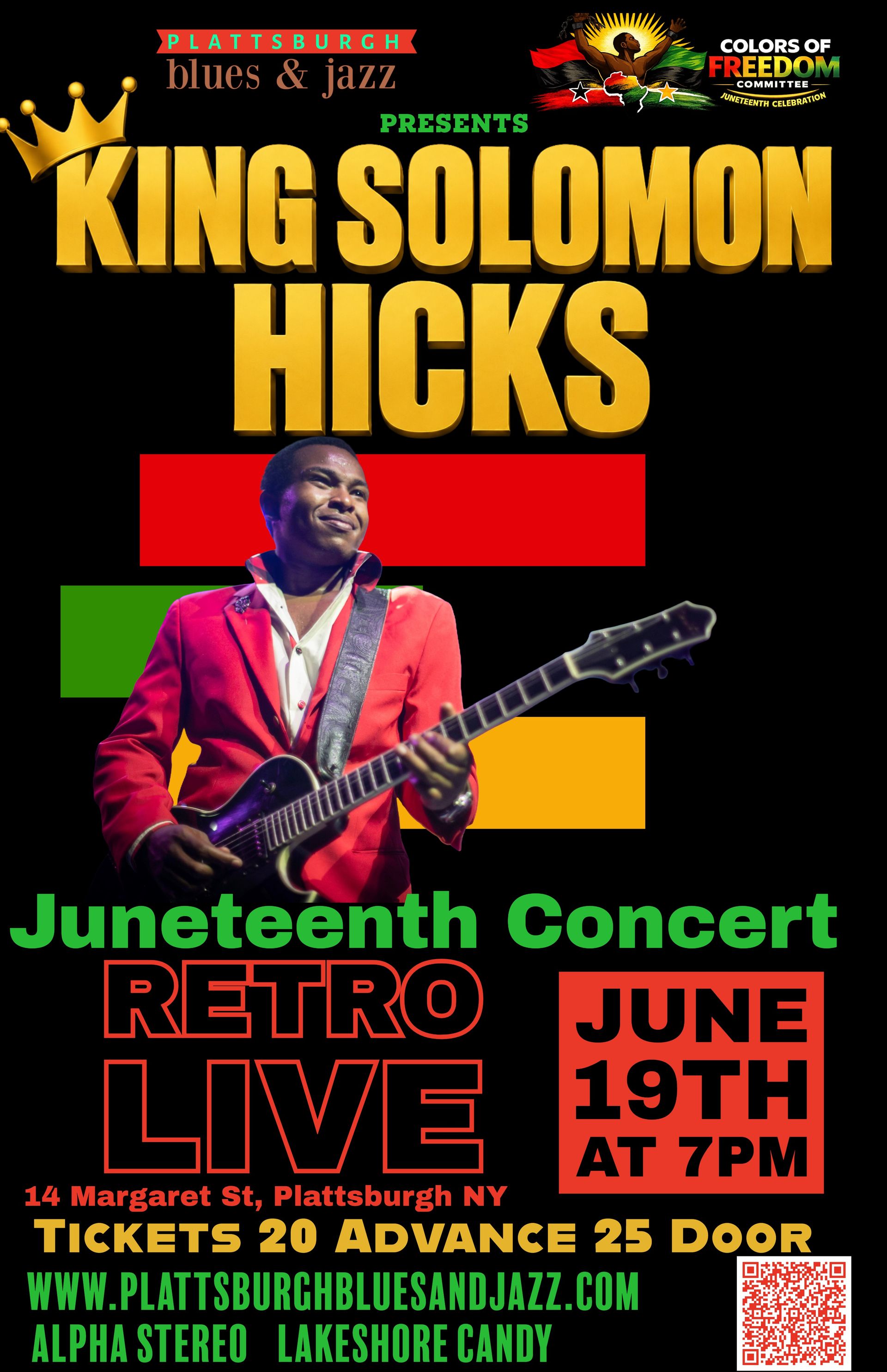 Juneteenth concert poster for King Solomon Hicks, Retro Live June 19 at 7 PM, with a guitarist on a black background