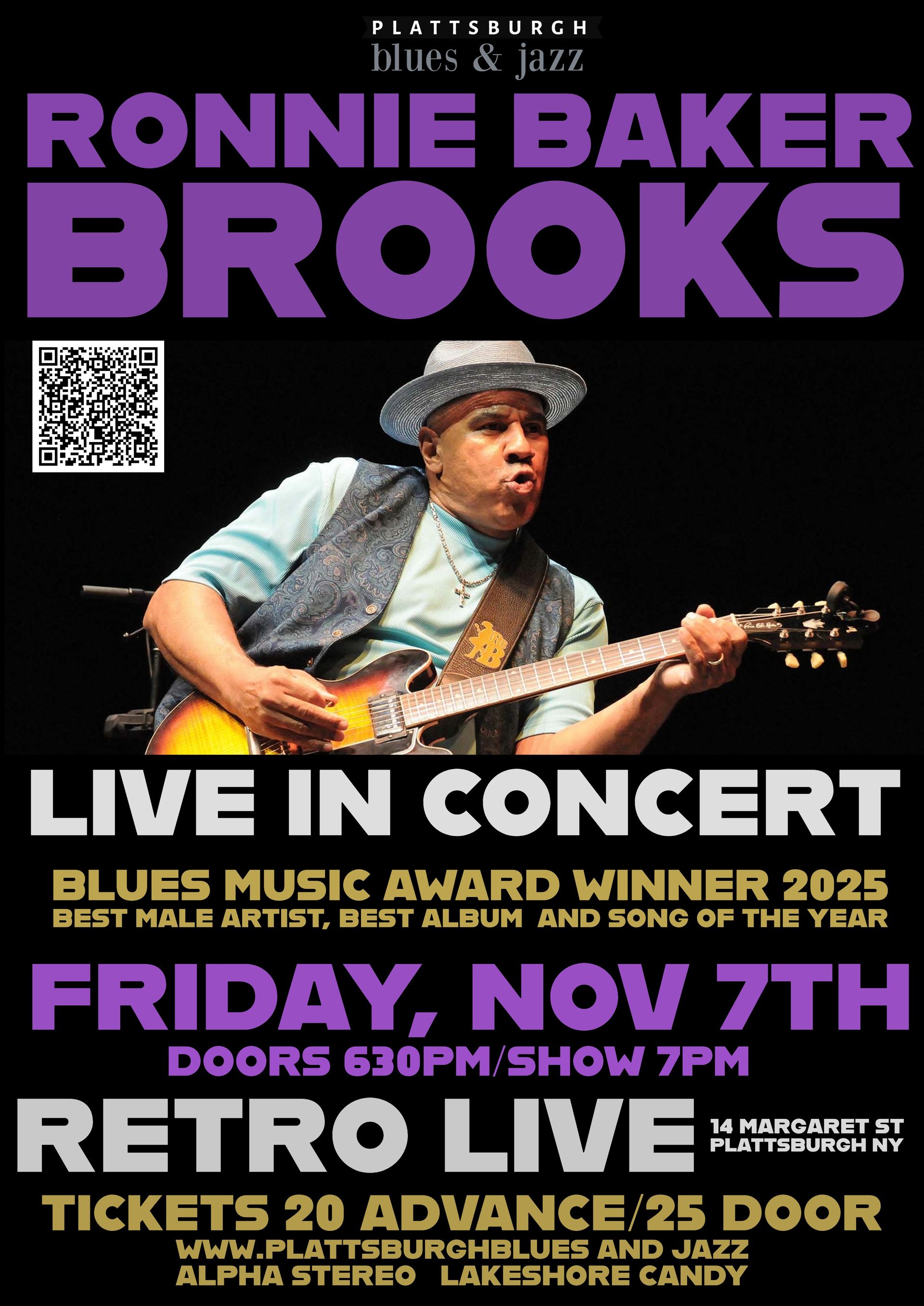 Poster for Ronnie Baker Brooks concert at Retro Live in Plattsburgh, NY. An image of the musician holding a guitar.