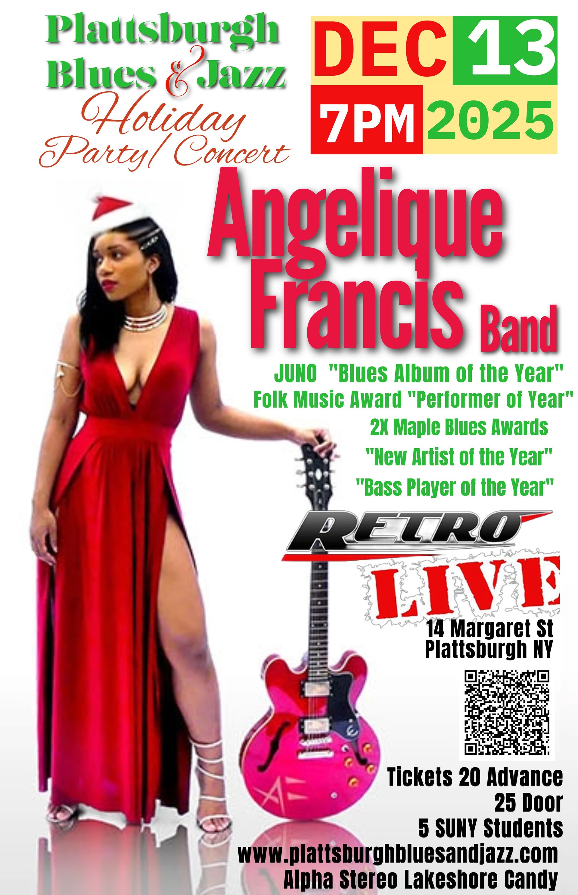 Concert poster: Angelique Francis Band at Retro Live in Plattsburgh on December 13, 2025. Woman in red dress.