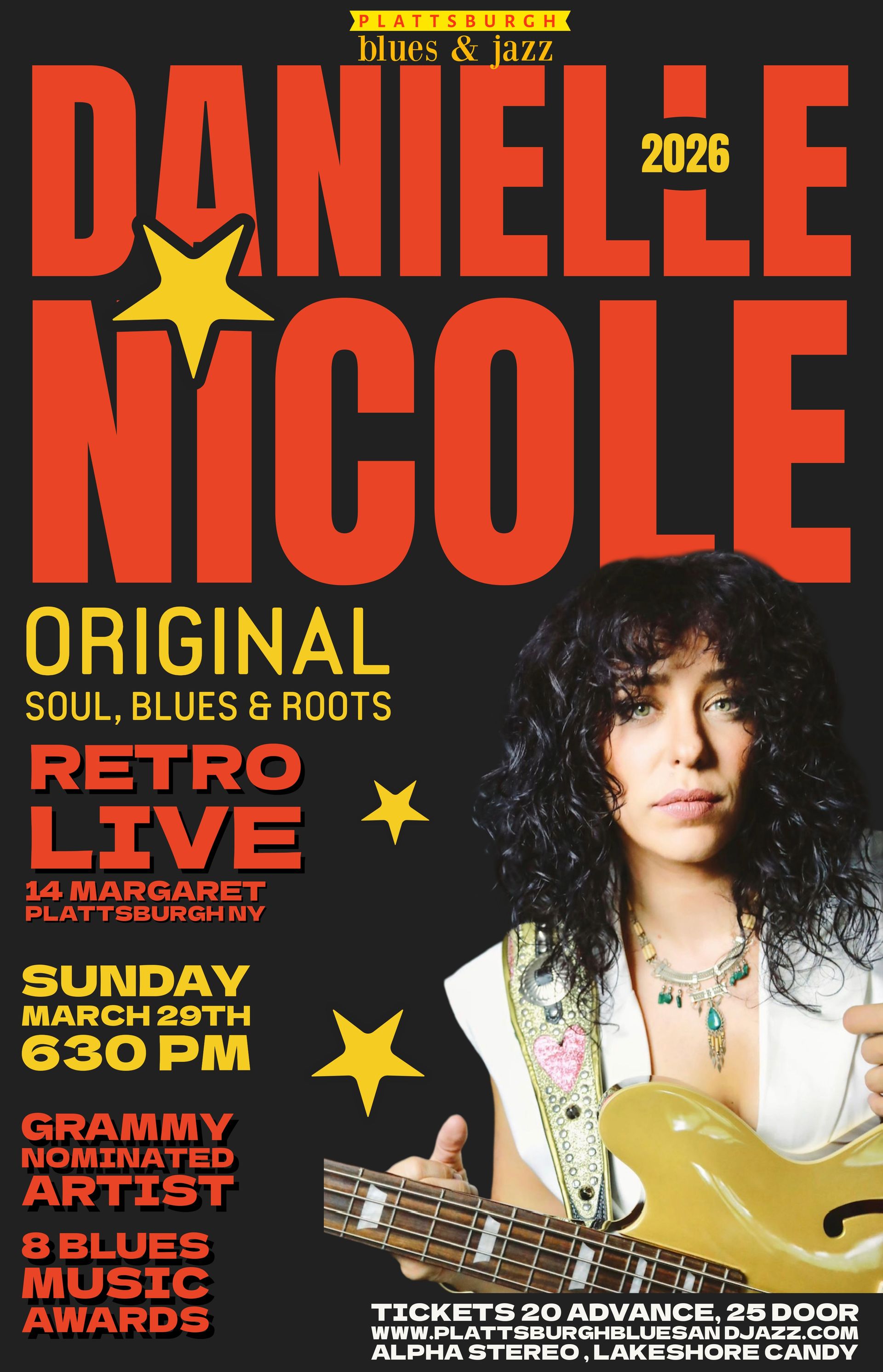 Poster for Danielle Nicole's Retro Live show: photo of the artist holding a bass.