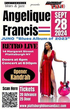 A poster for an angelique francis mentioning  her juno winning blues album of 2023