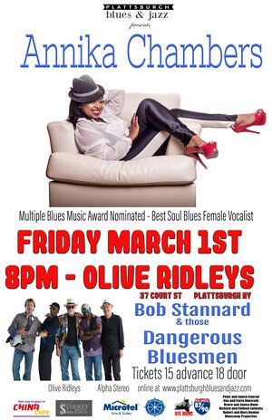 A poster for annika chambers on friday march 1st at olive ridleys