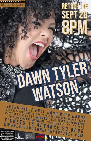 A poster for dawn tyler watson showing her with her mouth open