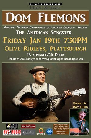 Dom Flemons is playing a guitar on a poster for a concert.