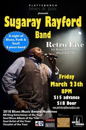 Sugaray Rayford is singing into a microphone on a poster.