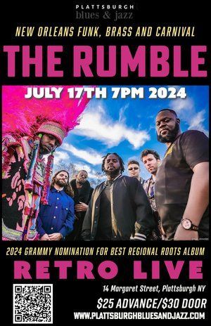 A group of men are standing next to each other on a poster for a band called the rumble.