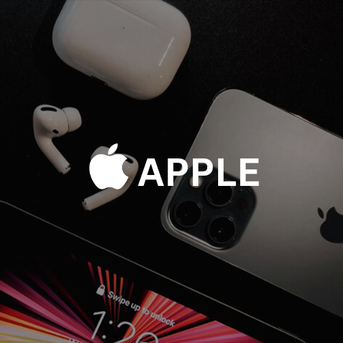 Productos de Apple, incluidos AirPods, iPhone y iPad, sobre un fondo negro.