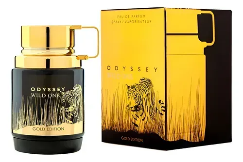 Frasco y caja de perfume en negro y dorado. «Odyssey Wild One» con diseño de tigre, en dorado sobre negro.
