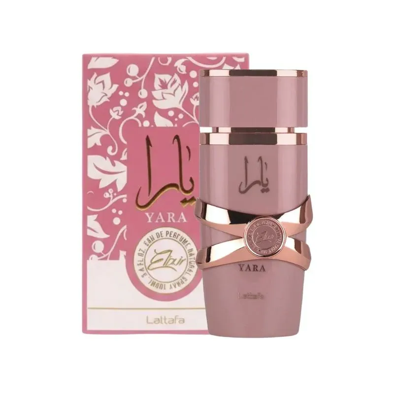 Frasco y caja de perfume rosa con detalles dorados, 