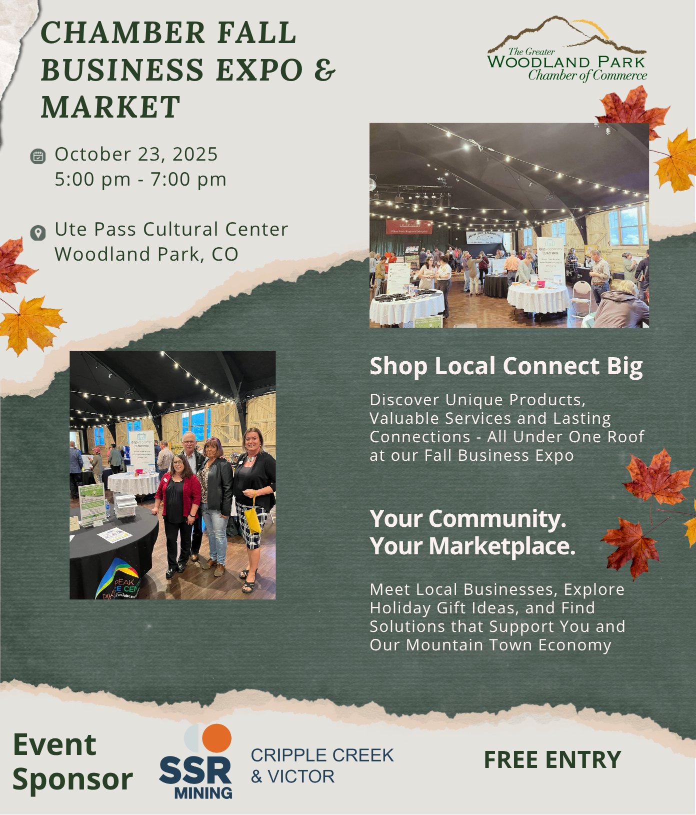 Fall business expo ad: Local vendors, Woodland Park, CO, Oct. 23, 2005. People, booths, shopping, autumn leaves, free entry.