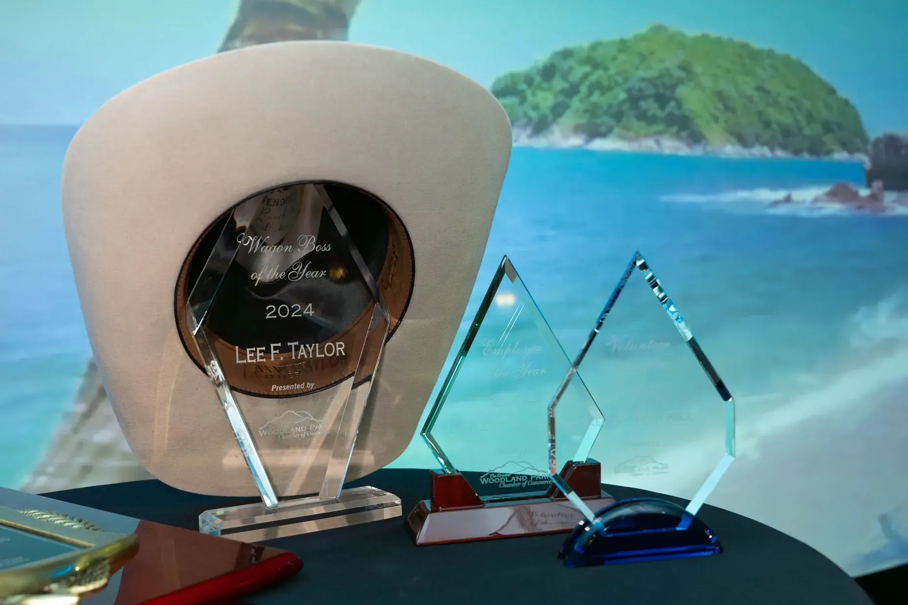 Awards and a white cowboy hat sit on a table in front of a tropical beach scene.