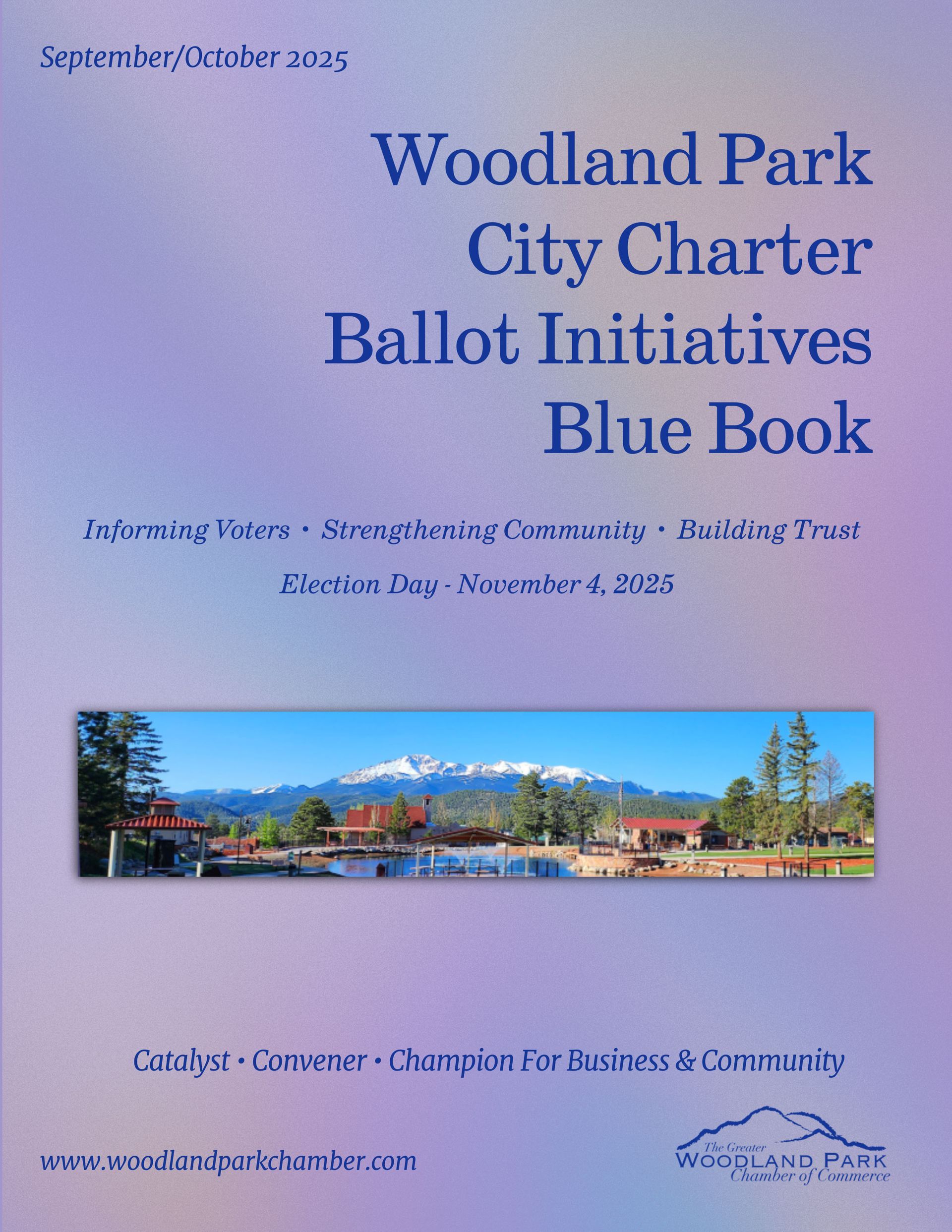 Blue Book cover: Woodland Park City Charter Ballot Initiatives, with a mountain view.