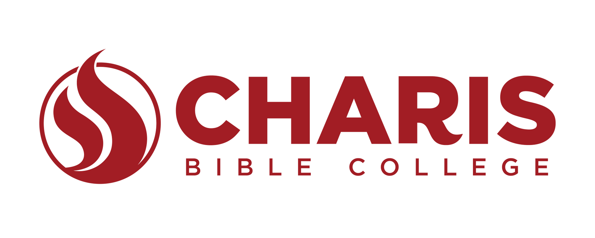 Logo of Charis Bible College: red flame within a circle to the left of 