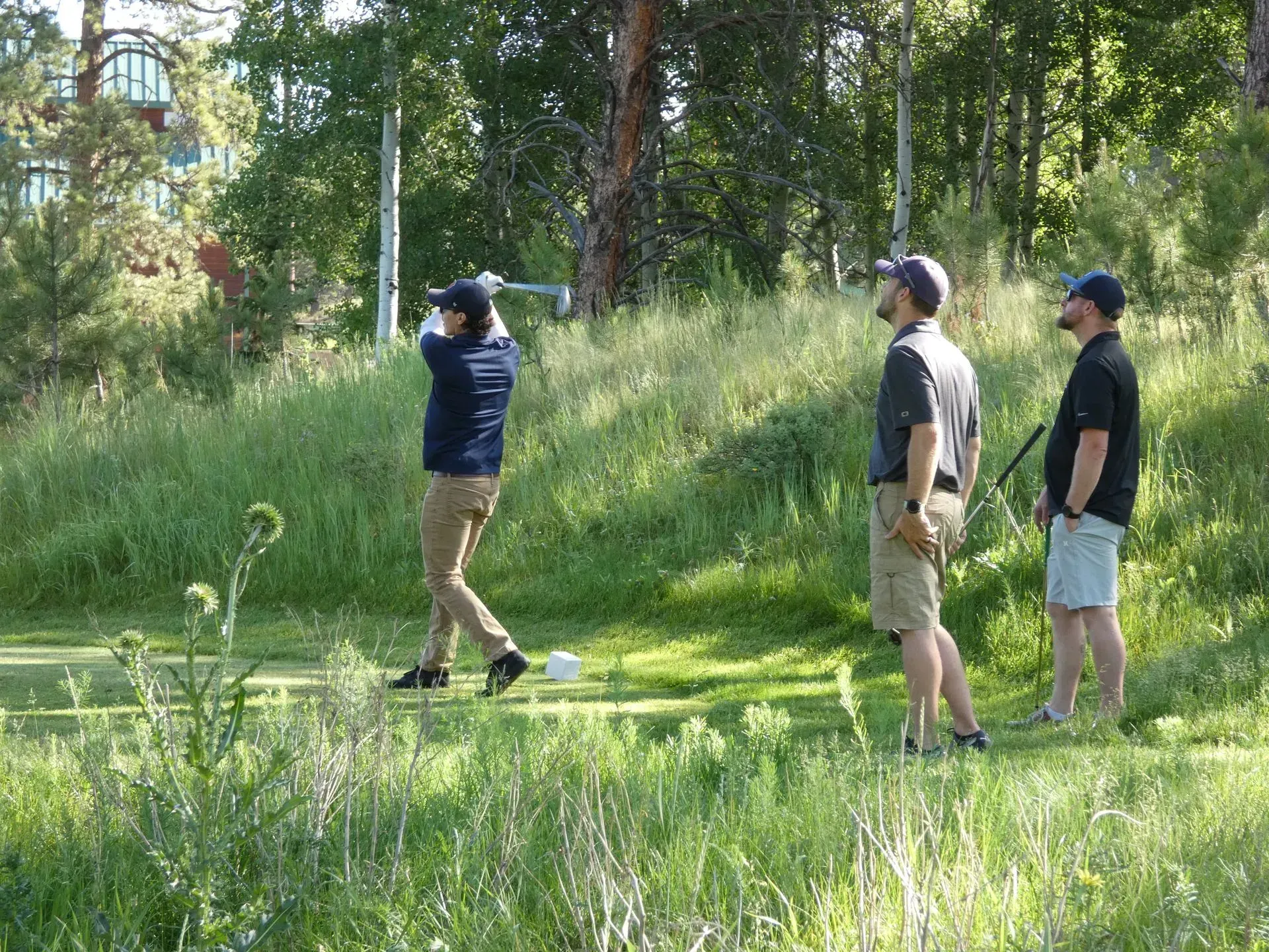 Man swinging golf club on a green, two men watching, surrounded by tall grass and trees.