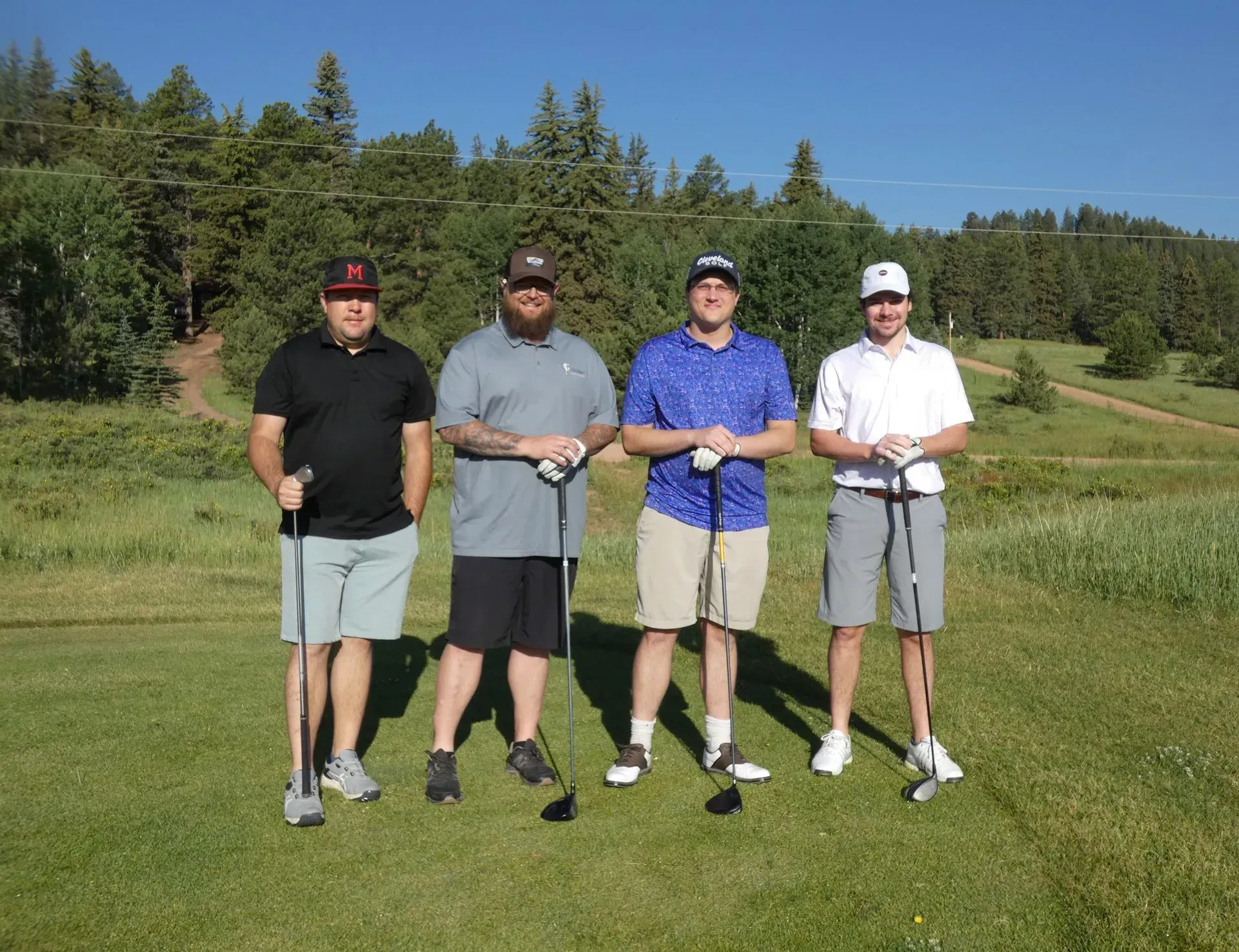 Four men on a golf course, holding clubs. Men are smiling, in casual golf attire, under a blue sky.