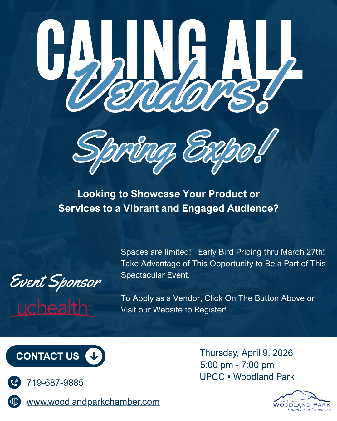 Fall business expo ad: Local vendors, Woodland Park, CO, Oct. 23, 2005. People, booths, shopping, autumn leaves, free entry.