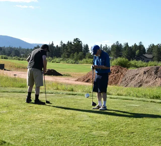 Two men on a golf course, one preparing to tee off, the other watches. Sunny day, green grass, trees in background.