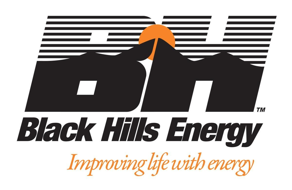 Black Hills Energy logo: black BH letters over mountain silhouette, orange sun, text 