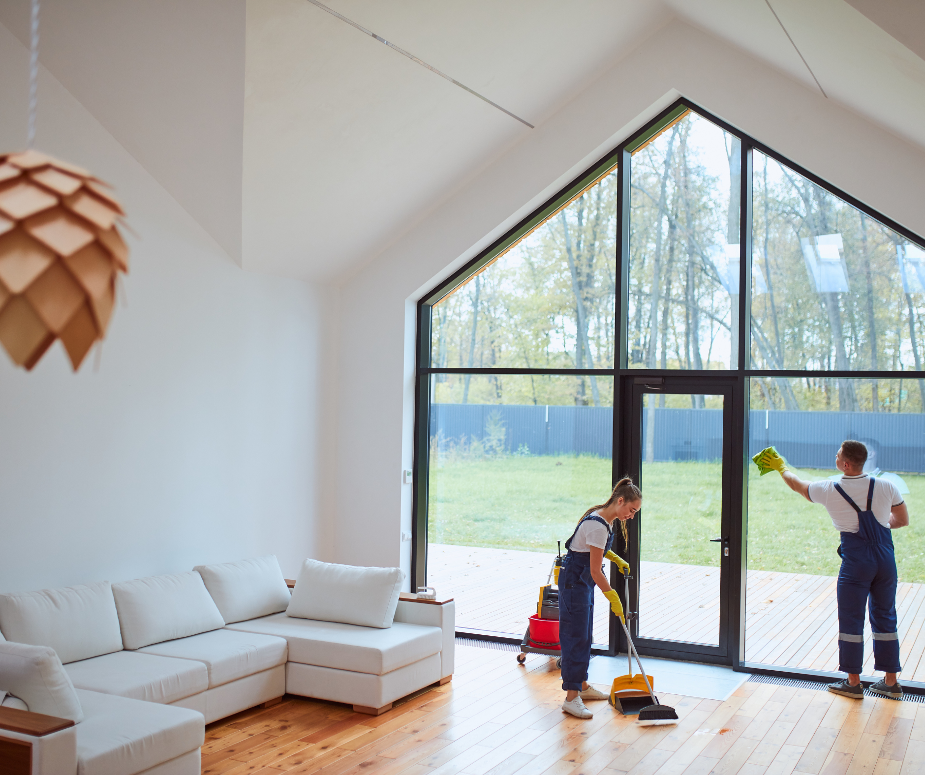 Two people cleaning a sunlit living room with large windows; one sweeps, the other wipes glass.