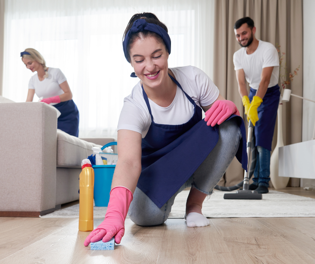 Three people cleaning a room. Woman scrubs floor, another dusts furniture, man vacuums the carpet.