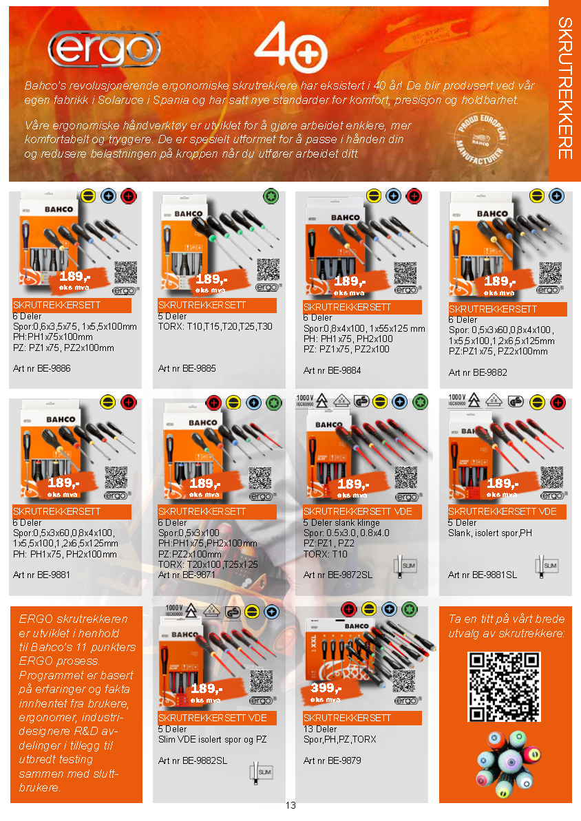 En flyer for et selskap kalt ergo viser en rekke verktøy.