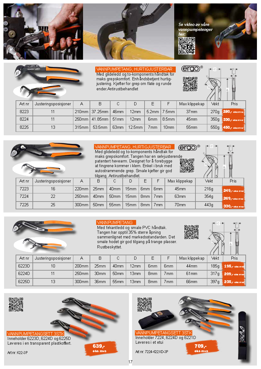 En flyer for en rekke tang og skiftenøkler