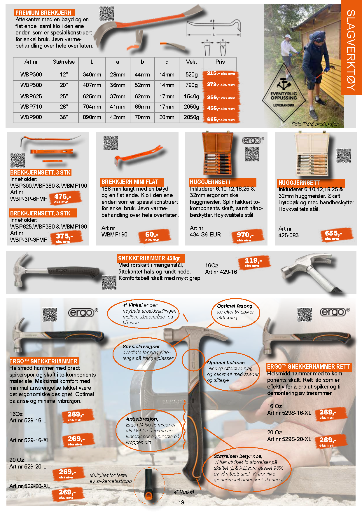 Det er mange forskjellige typer hammere på denne siden.