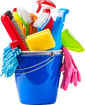 A blue bucket filled with cleaning supplies and gloves