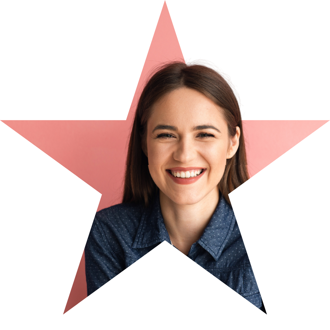 A woman is smiling in a star shaped frame