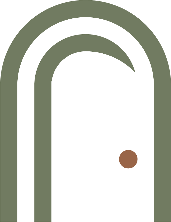 A green and white icon of a door with a brown circle in the middle.