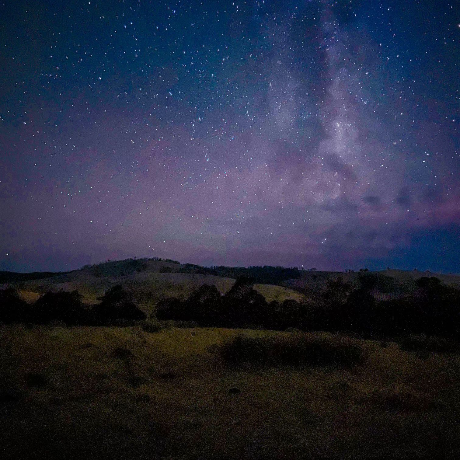 A night sky filled with lots of stars over a field.