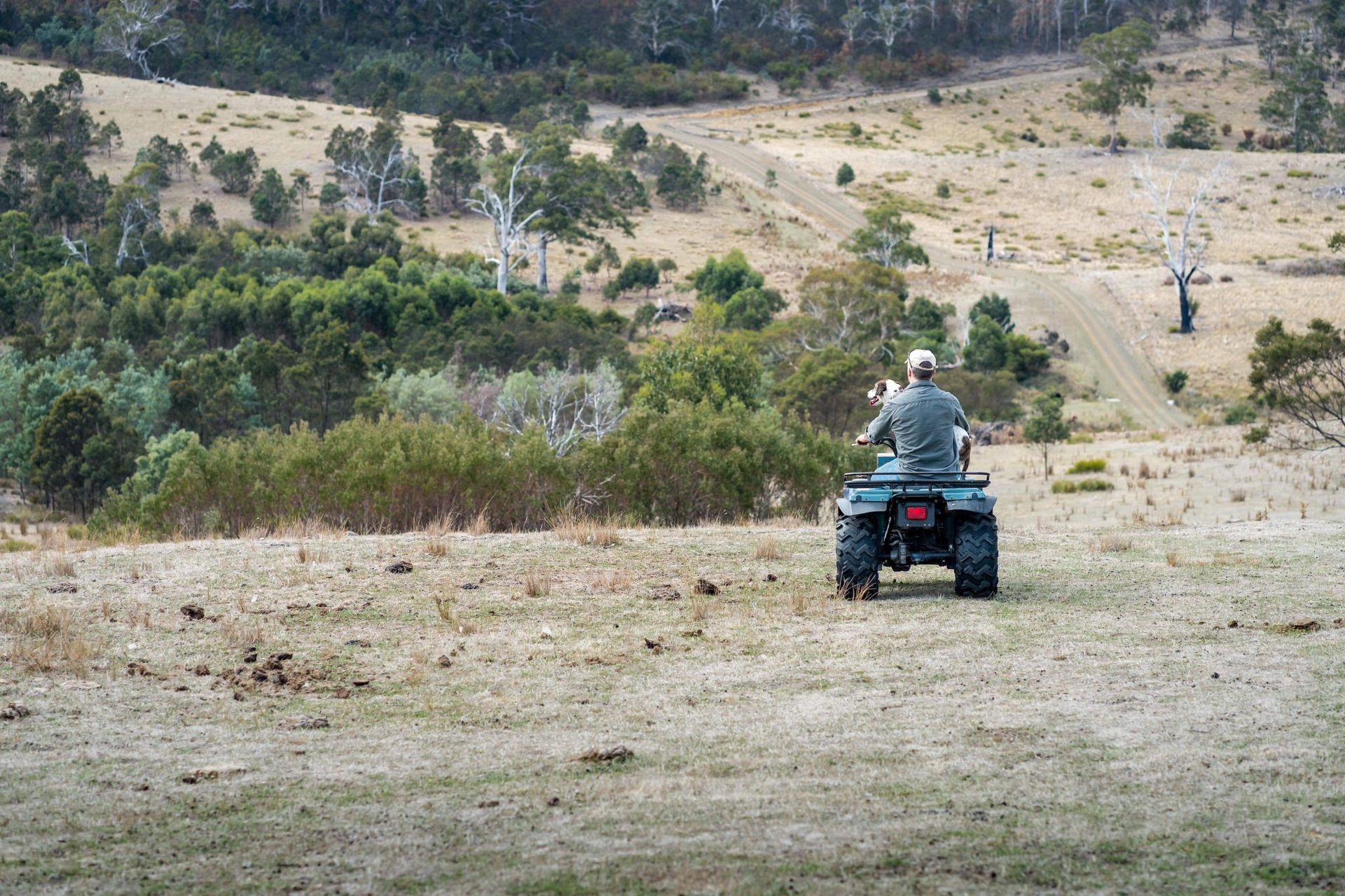 A man is riding an atv on a dirt road in a field.