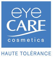 Logo pour une marque de cosmétiques pour les yeux, texte blanc sur fond bleu. Comprend les mots « Soins des yeux » et « Cosmétiques ».