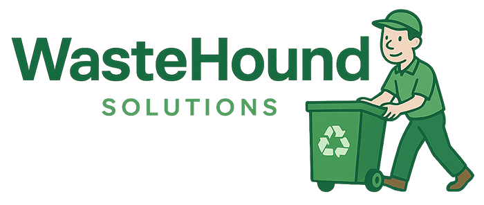 WasteHound Solutions logo: Green cartoon man pushing a green recycling bin.