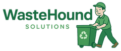 WasteHound Solutions logo: Green cartoon man pushing a green recycling bin.