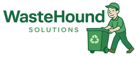 WasteHound Solutions logo: Green cartoon man pushing a green recycling bin.