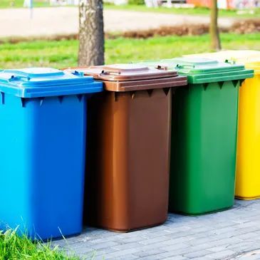 Blue, brown, green, and yellow recycling bins lined up on a walkway next to grass.