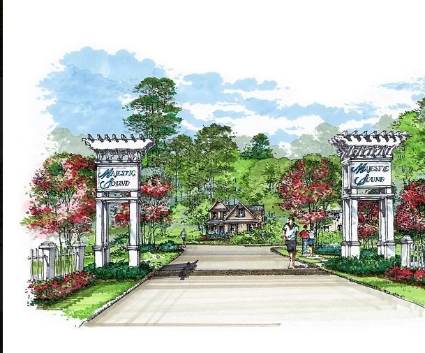 An artist 's rendering of a driveway leading to a house surrounded by trees.