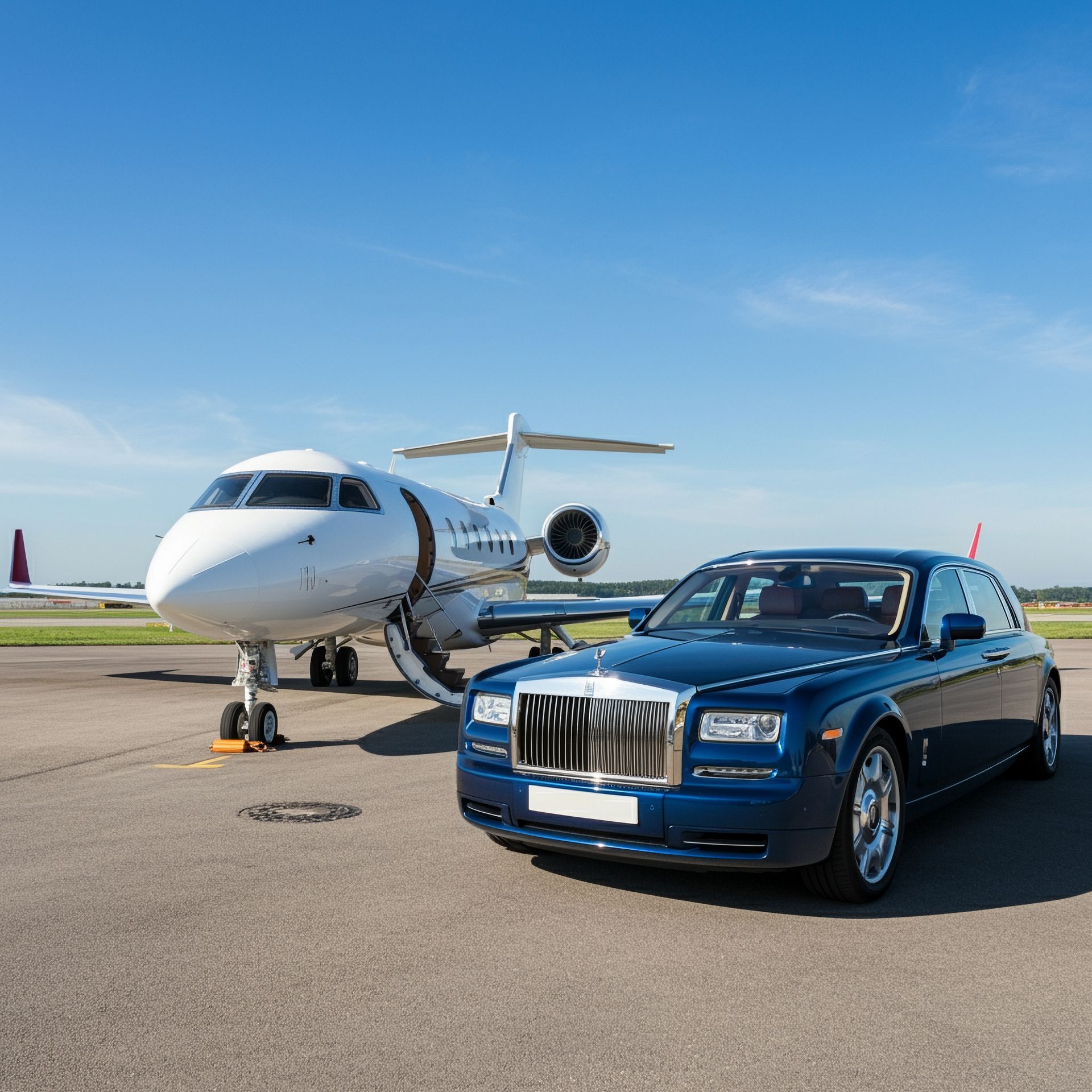 Blue luxury sedan parked beside a private jet on an airport tarmac under a clear sky