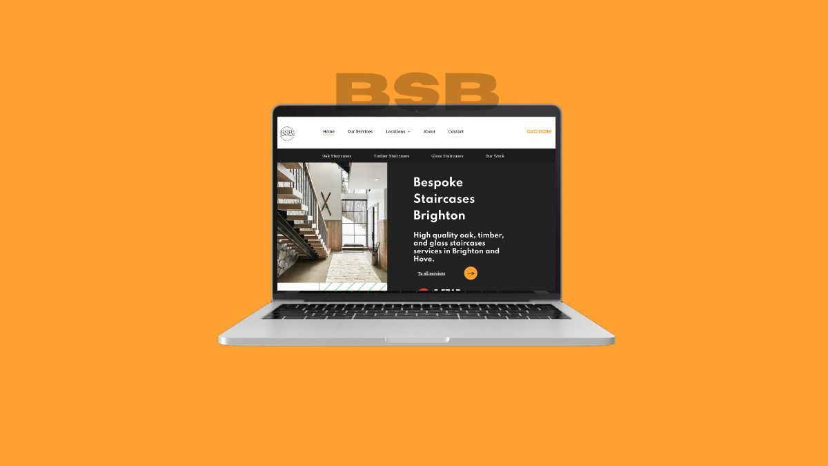 Computer view of a bespoke staircases website, the background is orange, and the text above the website reads